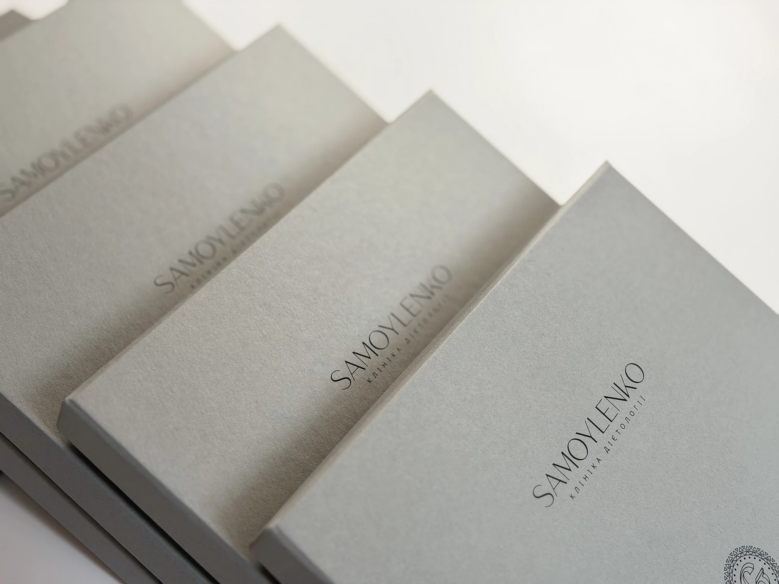 Напис SAMOYLENKO на кришці сірої коробки Ganka For Home, нанесений чорним шовкодруком