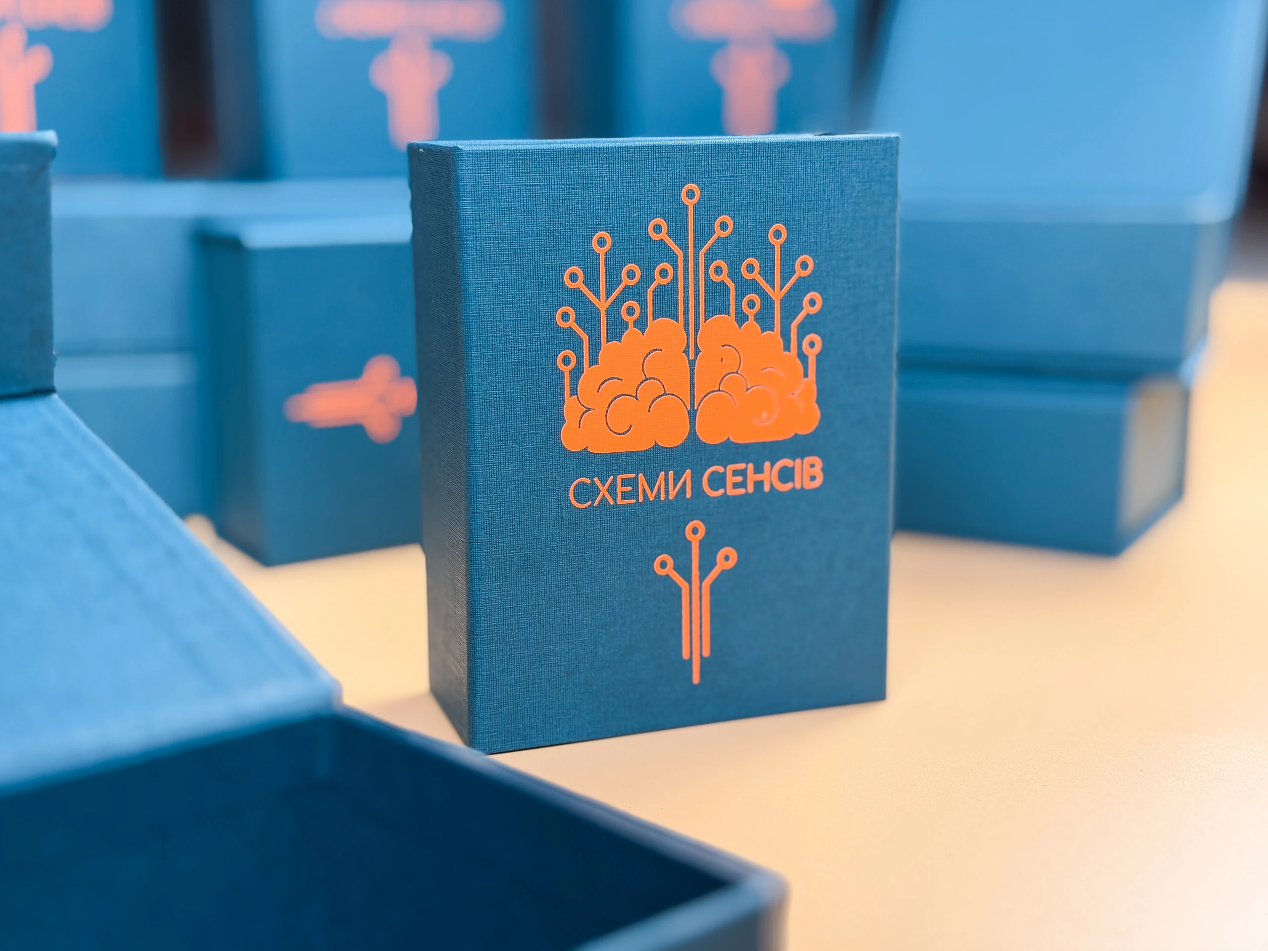 Кришка коробки «Схеми Сенсів» з графікою мозку, нанесеною шовкодруком